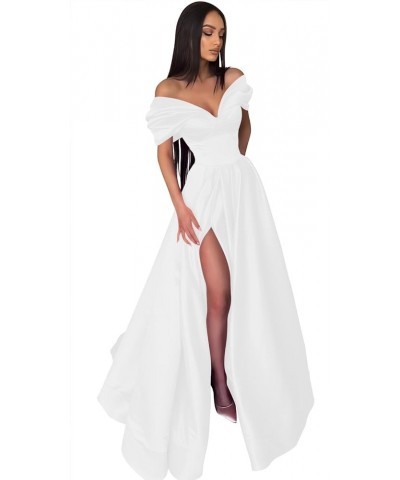 Women's Off Shoulder Sweetheart Prom Dresses Long with Pockets Pleates Satin Formal Evening Gowns with Slit YZTS080 White $29...