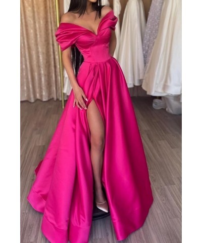 Women's Off Shoulder Sweetheart Prom Dresses Long with Pockets Pleates Satin Formal Evening Gowns with Slit YZTS080 White $29...