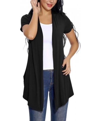 Women's Open Front Drape Cardigan Short Sleeves Solid Lightweight Cardigan Black $8.46 Sweaters