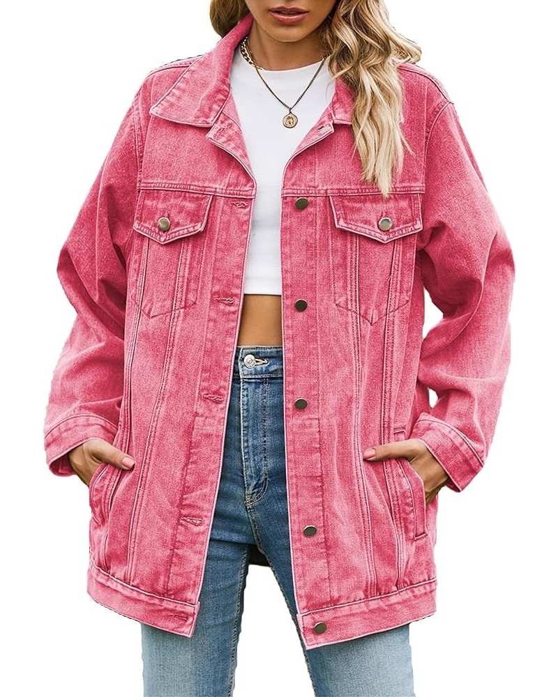 Jean Jacket Women Oversized Casual Distressed Denim Jacket Button Down Long Sleeve Shirt Coat with Pockets Pink $19.13 Jackets