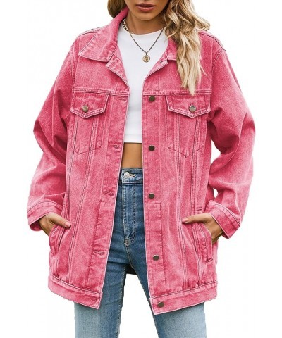 Jean Jacket Women Oversized Casual Distressed Denim Jacket Button Down Long Sleeve Shirt Coat with Pockets Pink $19.13 Jackets