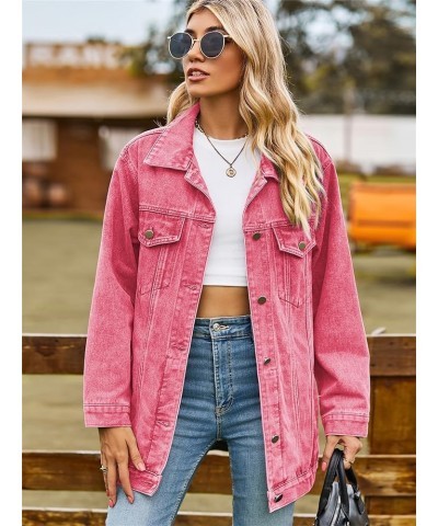 Jean Jacket Women Oversized Casual Distressed Denim Jacket Button Down Long Sleeve Shirt Coat with Pockets Pink $19.13 Jackets