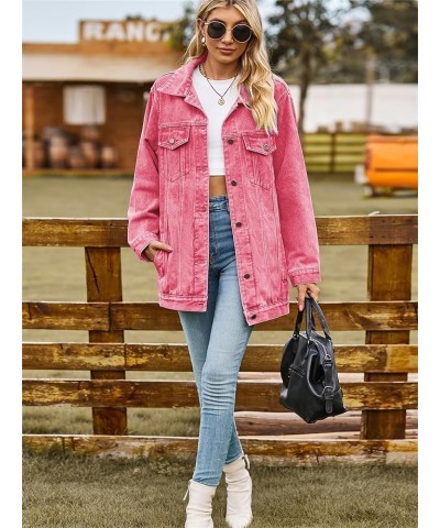 Jean Jacket Women Oversized Casual Distressed Denim Jacket Button Down Long Sleeve Shirt Coat with Pockets Pink $19.13 Jackets