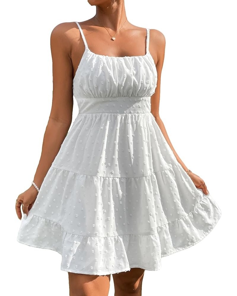 Women's Ruched Swiss Dot Slip Dresses Sleeveless Ruffle Hem High Waist Cami Dress White $14.70 Lingerie