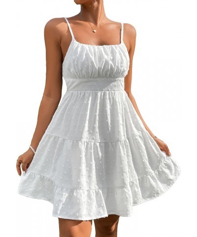 Women's Ruched Swiss Dot Slip Dresses Sleeveless Ruffle Hem High Waist Cami Dress White $14.70 Lingerie