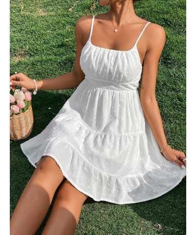 Women's Ruched Swiss Dot Slip Dresses Sleeveless Ruffle Hem High Waist Cami Dress White $14.70 Lingerie