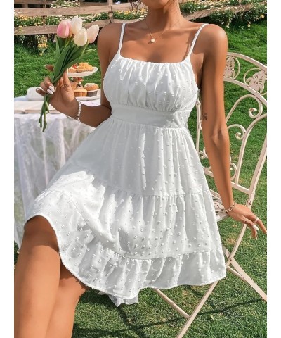 Women's Ruched Swiss Dot Slip Dresses Sleeveless Ruffle Hem High Waist Cami Dress White $14.70 Lingerie