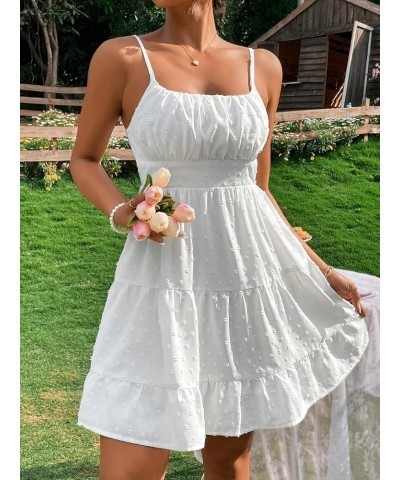 Women's Ruched Swiss Dot Slip Dresses Sleeveless Ruffle Hem High Waist Cami Dress White $14.70 Lingerie