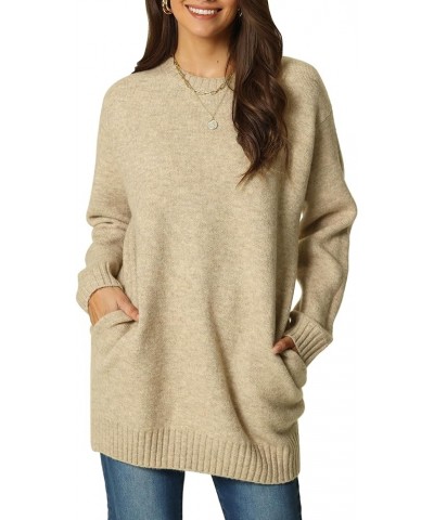 Women's Crewneck Long Sleeve Oversized Sweater with Pockets Loose Chunky Warm Pullover Sweater Top Khaki $24.43 Sweaters