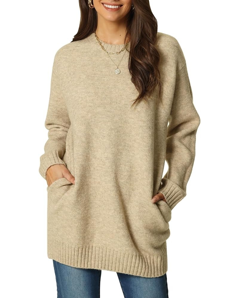 Women's Crewneck Long Sleeve Oversized Sweater with Pockets Loose Chunky Warm Pullover Sweater Top Khaki $24.43 Sweaters