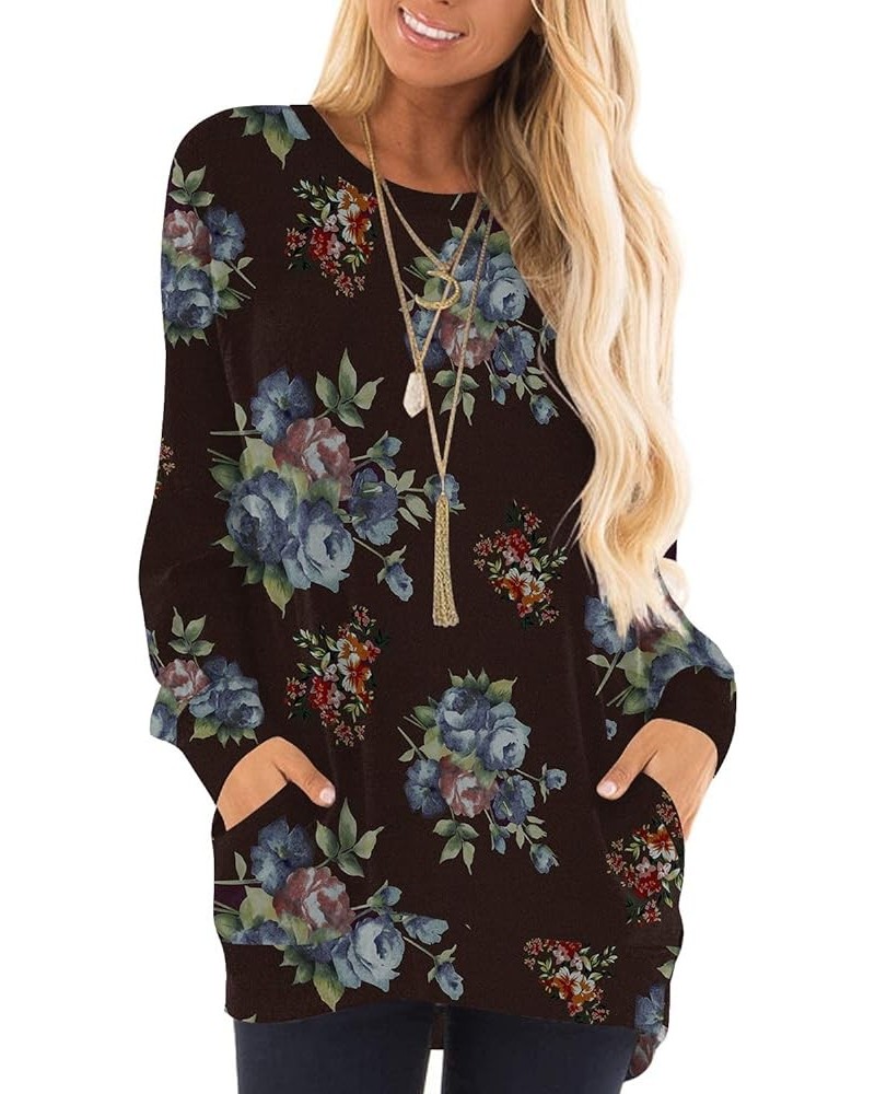 Womens 2023 Fall Long Sleeve T-Shirts Casual Tunic Tops for Leggings Loose Soft Blouses with Pocket Blue Flower Coffee $14.40...