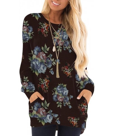 Womens 2023 Fall Long Sleeve T-Shirts Casual Tunic Tops for Leggings Loose Soft Blouses with Pocket Blue Flower Coffee $14.40...