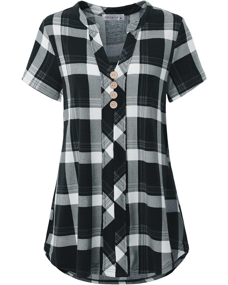 Womens Notch Neck Short Sleeve Plaid Shirts Checkered Blouse Tops Black White $12.74 Blouses