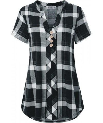 Womens Notch Neck Short Sleeve Plaid Shirts Checkered Blouse Tops Black White $12.74 Blouses