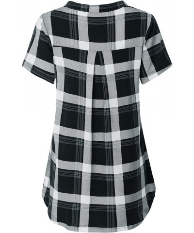 Womens Notch Neck Short Sleeve Plaid Shirts Checkered Blouse Tops Black White $12.74 Blouses