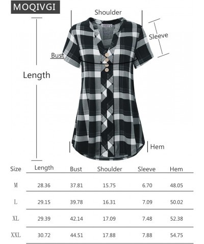 Womens Notch Neck Short Sleeve Plaid Shirts Checkered Blouse Tops Black White $12.74 Blouses