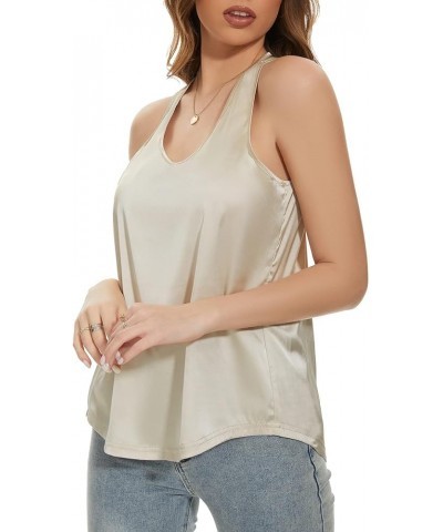 Women Silk Satin Tank Tops Casual Blouses Crew Neck Sleeveless Camisoles Work Shirts Apricot $7.79 Tanks