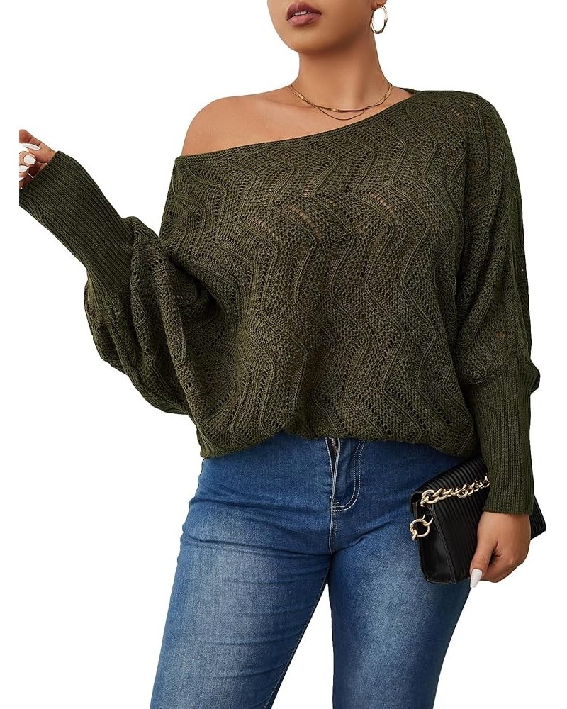 Women's Plus Crochet Long Sleeve Pullover Sweater V Neck Pointelle Knit Drop Shoulder Lightweight Sweater Army Green $12.88 S...