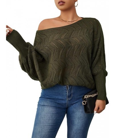 Women's Plus Crochet Long Sleeve Pullover Sweater V Neck Pointelle Knit Drop Shoulder Lightweight Sweater Army Green $12.88 S...