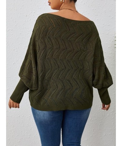 Women's Plus Crochet Long Sleeve Pullover Sweater V Neck Pointelle Knit Drop Shoulder Lightweight Sweater Army Green $12.88 S...