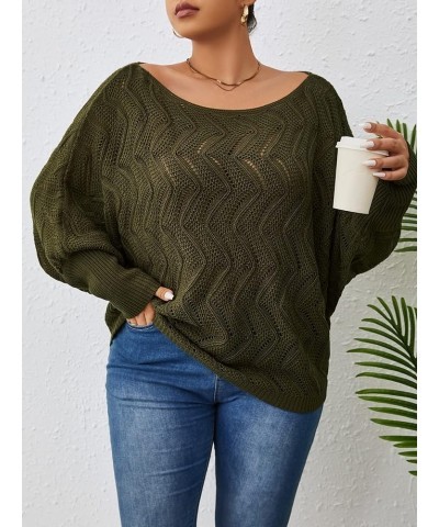 Women's Plus Crochet Long Sleeve Pullover Sweater V Neck Pointelle Knit Drop Shoulder Lightweight Sweater Army Green $12.88 S...