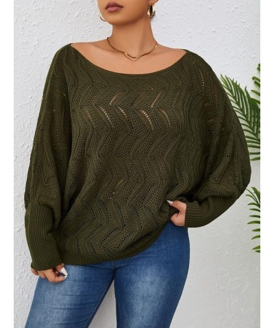 Women's Plus Crochet Long Sleeve Pullover Sweater V Neck Pointelle Knit Drop Shoulder Lightweight Sweater Army Green $12.88 S...