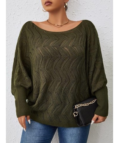 Women's Plus Crochet Long Sleeve Pullover Sweater V Neck Pointelle Knit Drop Shoulder Lightweight Sweater Army Green $12.88 S...