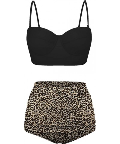 Women Vintage Polka Dot High Waisted Bathing Suits Bikini Set Black+leopard $17.63 Swimsuits