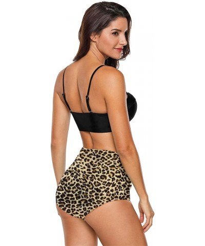 Women Vintage Polka Dot High Waisted Bathing Suits Bikini Set Black+leopard $17.63 Swimsuits