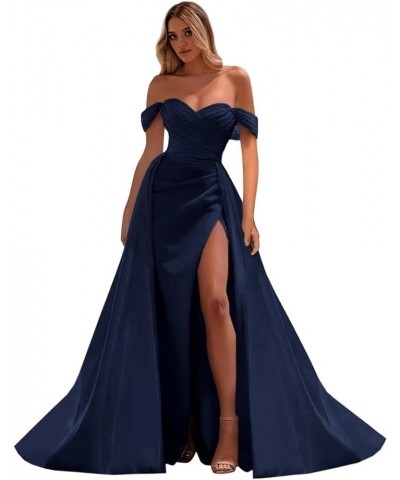 Off The Shoulder Satin Prom Dresses Mermaid High Split Ruched Formal Evening Party Gowns for Women Navy Blue $31.77 Dresses