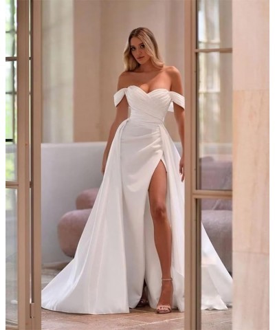 Off The Shoulder Satin Prom Dresses Mermaid High Split Ruched Formal Evening Party Gowns for Women Navy Blue $31.77 Dresses