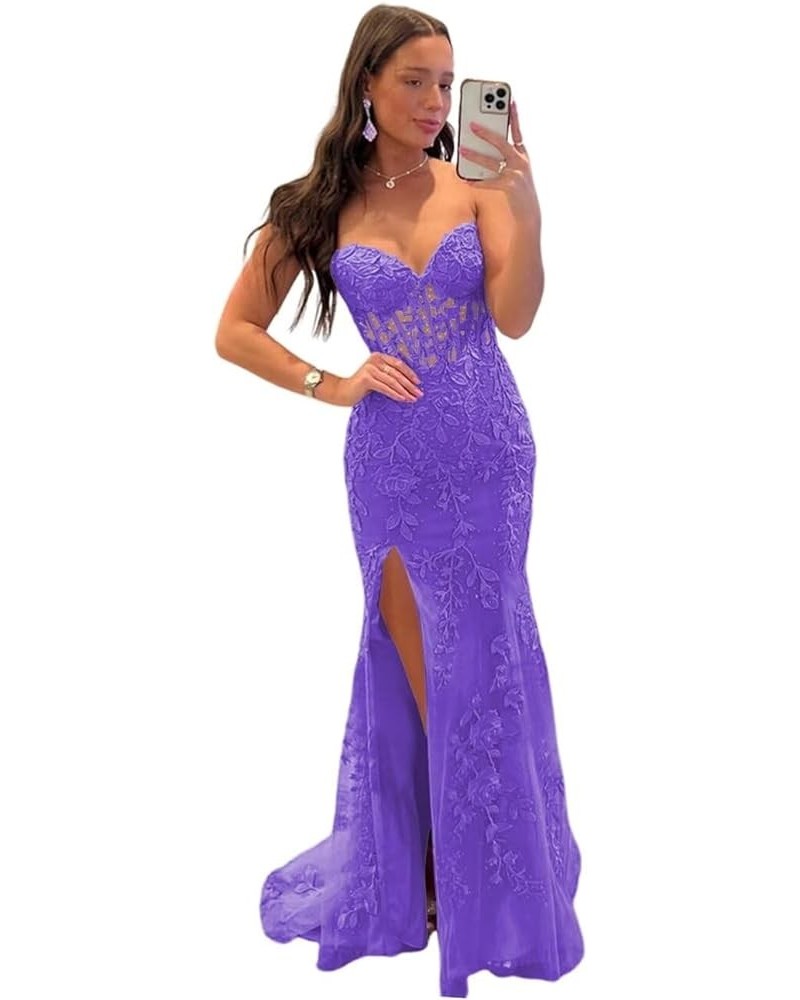 Mermaid Strapless Lace Prom Dresses with Slit Sweetheart Corset Long Formal Evening Gowns with Appliques QA124 Purple $38.40 ...