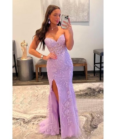 Mermaid Strapless Lace Prom Dresses with Slit Sweetheart Corset Long Formal Evening Gowns with Appliques QA124 Purple $38.40 ...