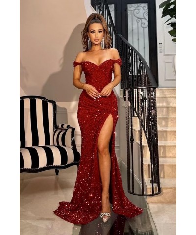 Sparkly Sequin Mermaid Prom Dresses for Women 2024 Long Bodycon Off Shoulder Formal Evening Party Gown with Slit Green $32.90...