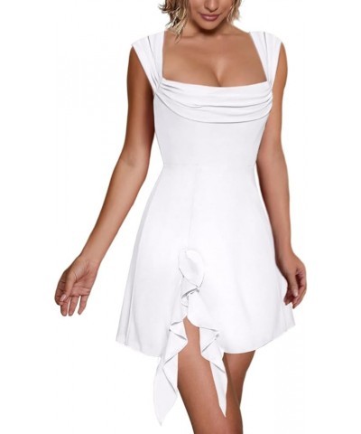 Womens Sexy Square Neck Mini Dress Elegant Sleeveless Bodycon Side Slit Ruffle Club Party Short Dresses White $20.89 Dresses