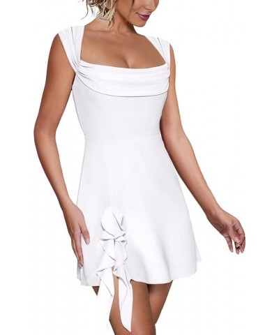 Womens Sexy Square Neck Mini Dress Elegant Sleeveless Bodycon Side Slit Ruffle Club Party Short Dresses White $20.89 Dresses