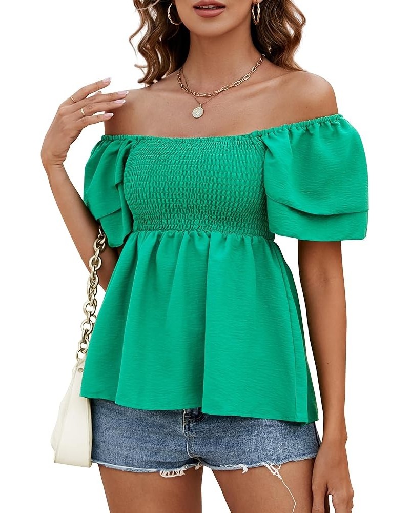 Women's Off The Shoulder Tops Ruffle Trim Short Sleeve Square Neck Smocked Peplum Blouses Cute Summer Casual Shirts Green $12...