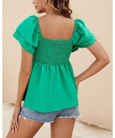 Women's Off The Shoulder Tops Ruffle Trim Short Sleeve Square Neck Smocked Peplum Blouses Cute Summer Casual Shirts Green $12...