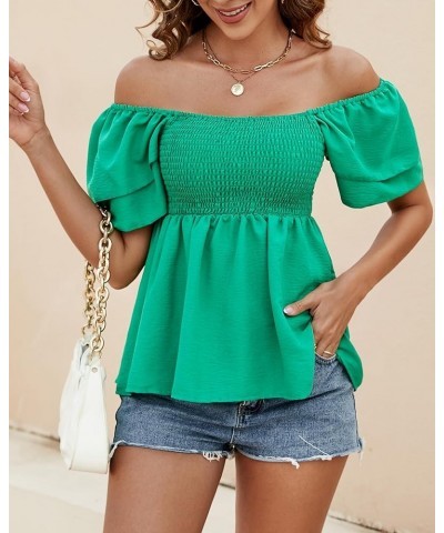 Women's Off The Shoulder Tops Ruffle Trim Short Sleeve Square Neck Smocked Peplum Blouses Cute Summer Casual Shirts Green $12...