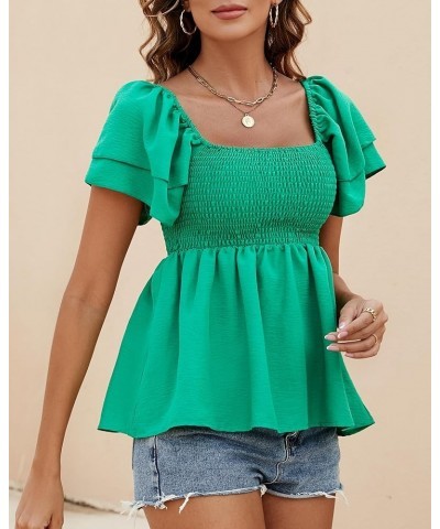 Women's Off The Shoulder Tops Ruffle Trim Short Sleeve Square Neck Smocked Peplum Blouses Cute Summer Casual Shirts Green $12...