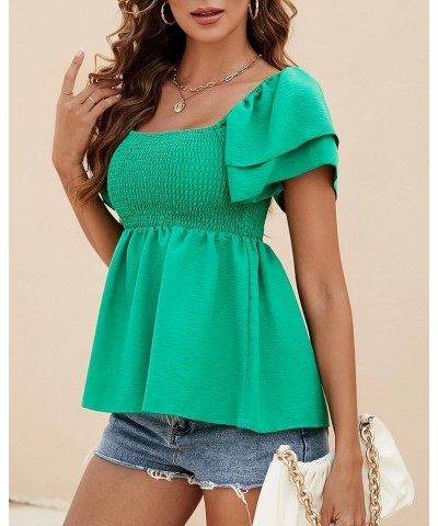 Women's Off The Shoulder Tops Ruffle Trim Short Sleeve Square Neck Smocked Peplum Blouses Cute Summer Casual Shirts Green $12...