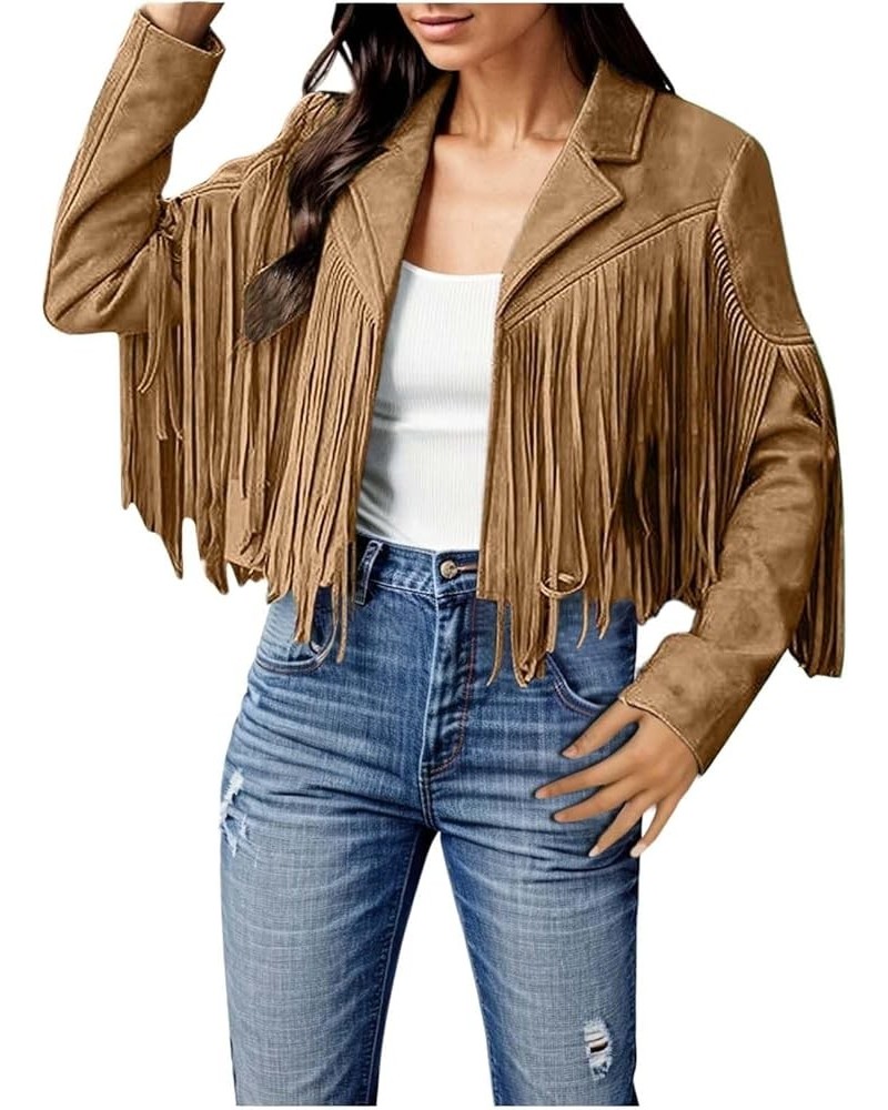 Faux Suede Leather Fringe Jacket for Women Notch Collar Open Front Cropped Motorcycle Jackets Trendy Tassel Coats A-khaki $11...