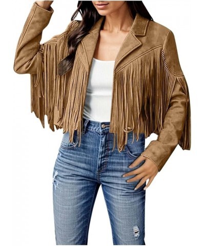 Faux Suede Leather Fringe Jacket for Women Notch Collar Open Front Cropped Motorcycle Jackets Trendy Tassel Coats A-khaki $11...