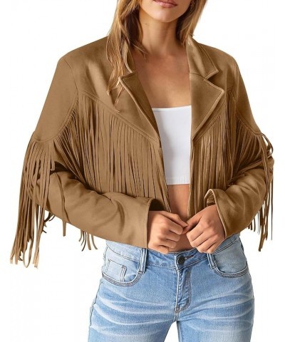 Faux Suede Leather Fringe Jacket for Women Notch Collar Open Front Cropped Motorcycle Jackets Trendy Tassel Coats A-khaki $11...