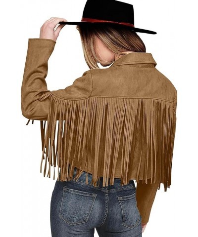 Faux Suede Leather Fringe Jacket for Women Notch Collar Open Front Cropped Motorcycle Jackets Trendy Tassel Coats A-khaki $11...