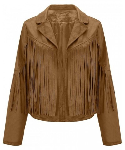 Faux Suede Leather Fringe Jacket for Women Notch Collar Open Front Cropped Motorcycle Jackets Trendy Tassel Coats A-khaki $11...