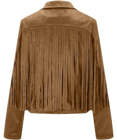 Faux Suede Leather Fringe Jacket for Women Notch Collar Open Front Cropped Motorcycle Jackets Trendy Tassel Coats A-khaki $11...