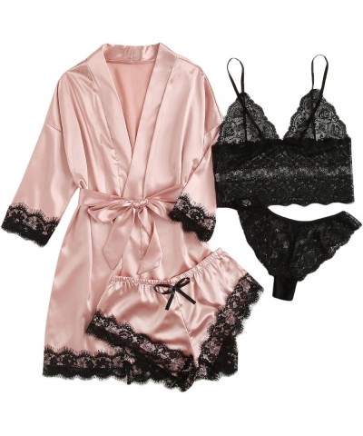 Women' Silk Satin Pajamas Set 4pcs Lingerie Floral Lace Cami Sleepwear with Robe Pink $16.50 Sleep & Lounge