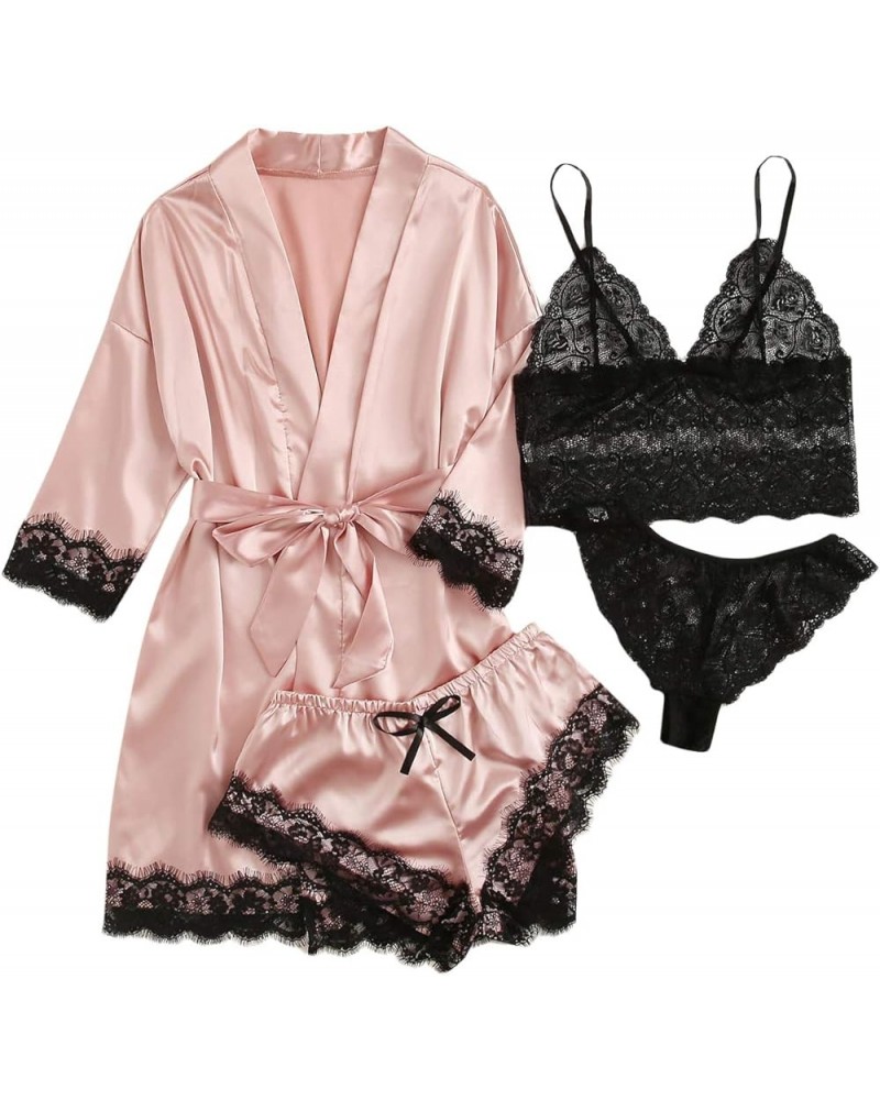 Women' Silk Satin Pajamas Set 4pcs Lingerie Floral Lace Cami Sleepwear with Robe Pink $16.50 Sleep & Lounge