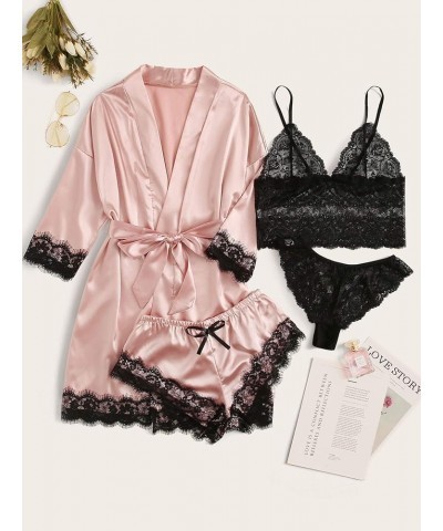 Women' Silk Satin Pajamas Set 4pcs Lingerie Floral Lace Cami Sleepwear with Robe Pink $16.50 Sleep & Lounge